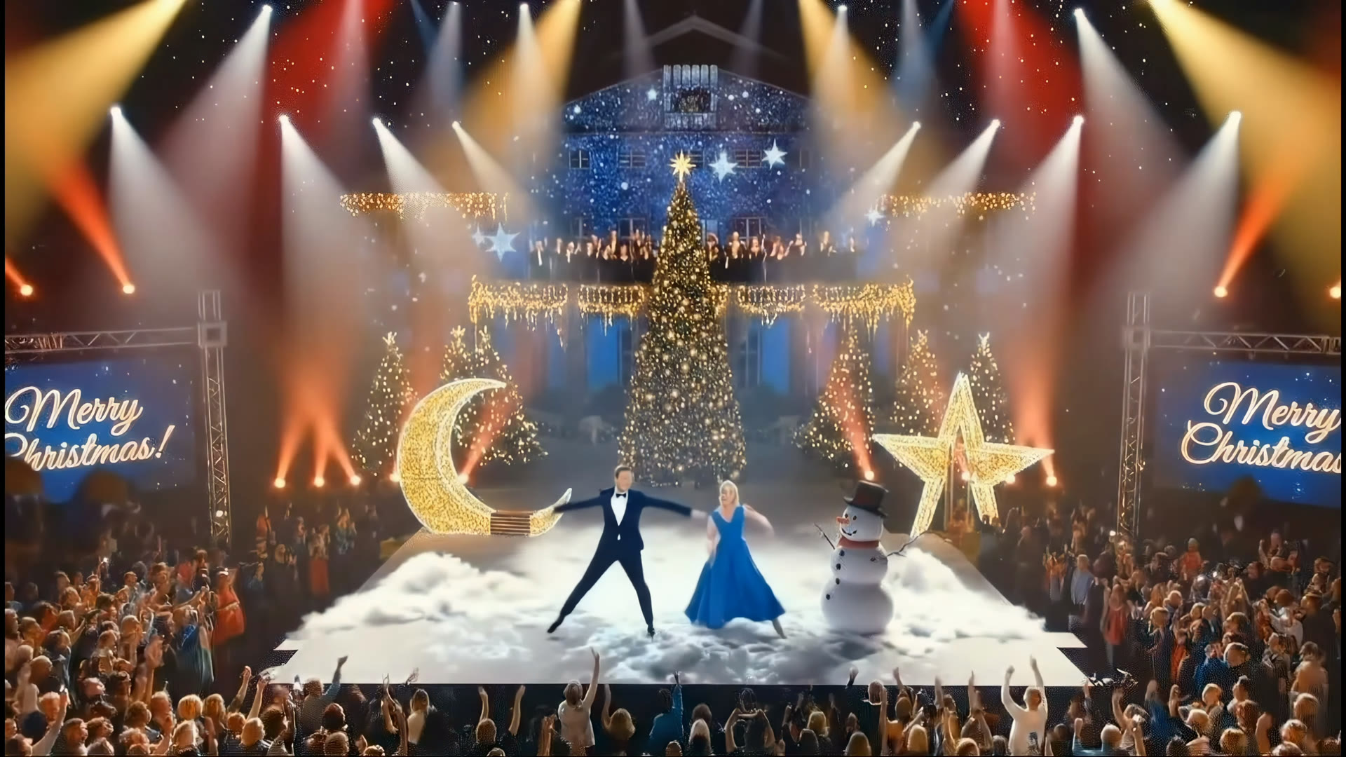 Palco do musical Blumenau Christmasland com árvore de Natal e dançarinos