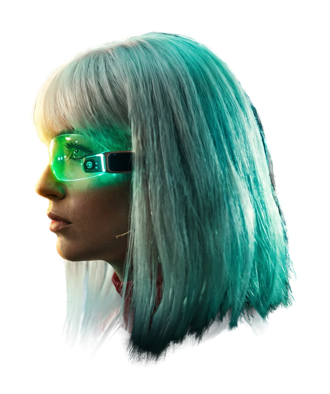 Vetkis, in profile, white hair, the green monocle lit over her eye.