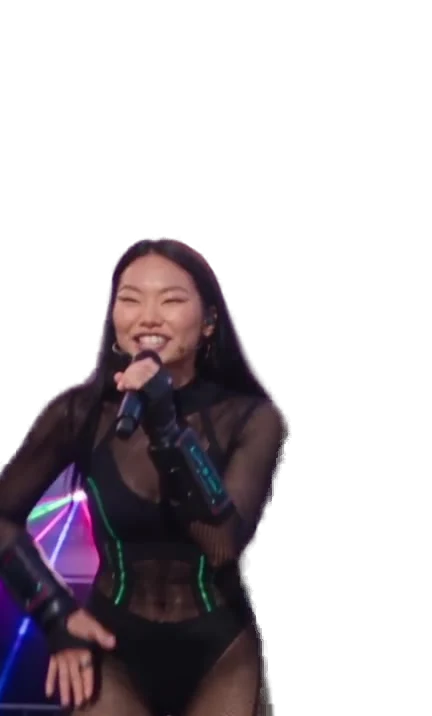 Yuna, full body, microphone in hand, the MIDI pads on her forearm.