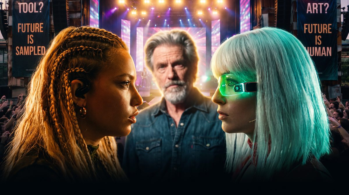 Ro-AN and Vetkis face each other in front of a festival stage; Adam HIL stands between them. Banners read TOOL? FUTURE IS SAMPLED and ART? FUTURE IS HUMAN.