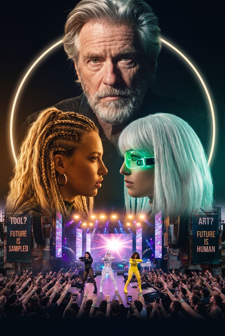 Vertical key art: Adam HIL inside a luminous ring above Ro-AN and Vetkis facing each other; SLOP.ai on stage below, between banners TOOL? FUTURE IS SAMPLED and ART? FUTURE IS HUMAN.