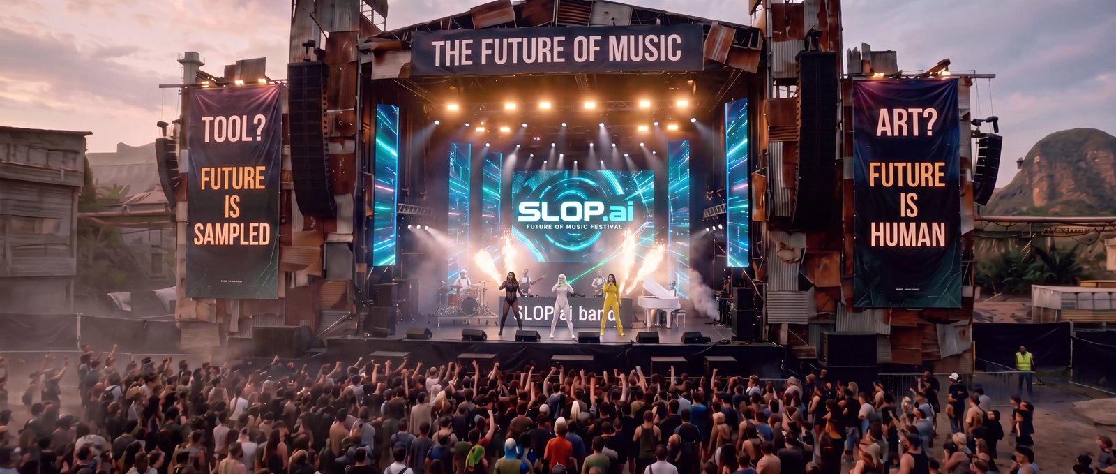 Wide: the SLOP.ai stage under THE FUTURE OF MUSIC, pyro and lasers, the trio and robot musicians, a huge crowd.