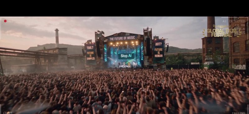 Wide shot: a huge festival crowd faces the Cyvora stage set in an old factory; the screen reads SLOP.AI under THE FUTURE OF MUSIC, between banners TOOL? FUTURE IS SAMPLED and ART? FUTURE IS HUMAN.