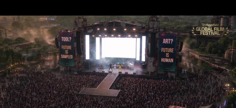 Aerial view of the festival: a bright white stage screen between banners TOOL? FUTURE IS SAMPLED and ART? FUTURE IS HUMAN, a runway into the crowd, the band tiny on stage.